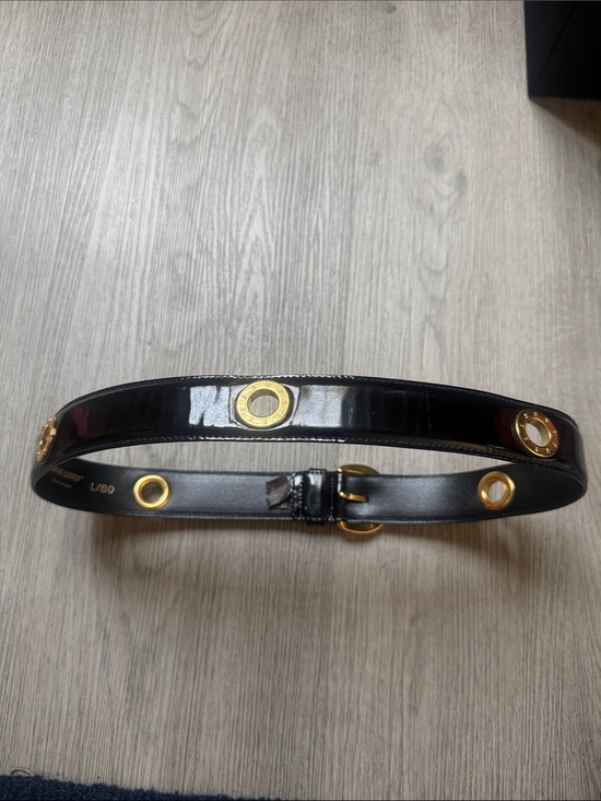 VTG Paloma Picasso Black Patent Leather Belt with Gold Crescent Buckle